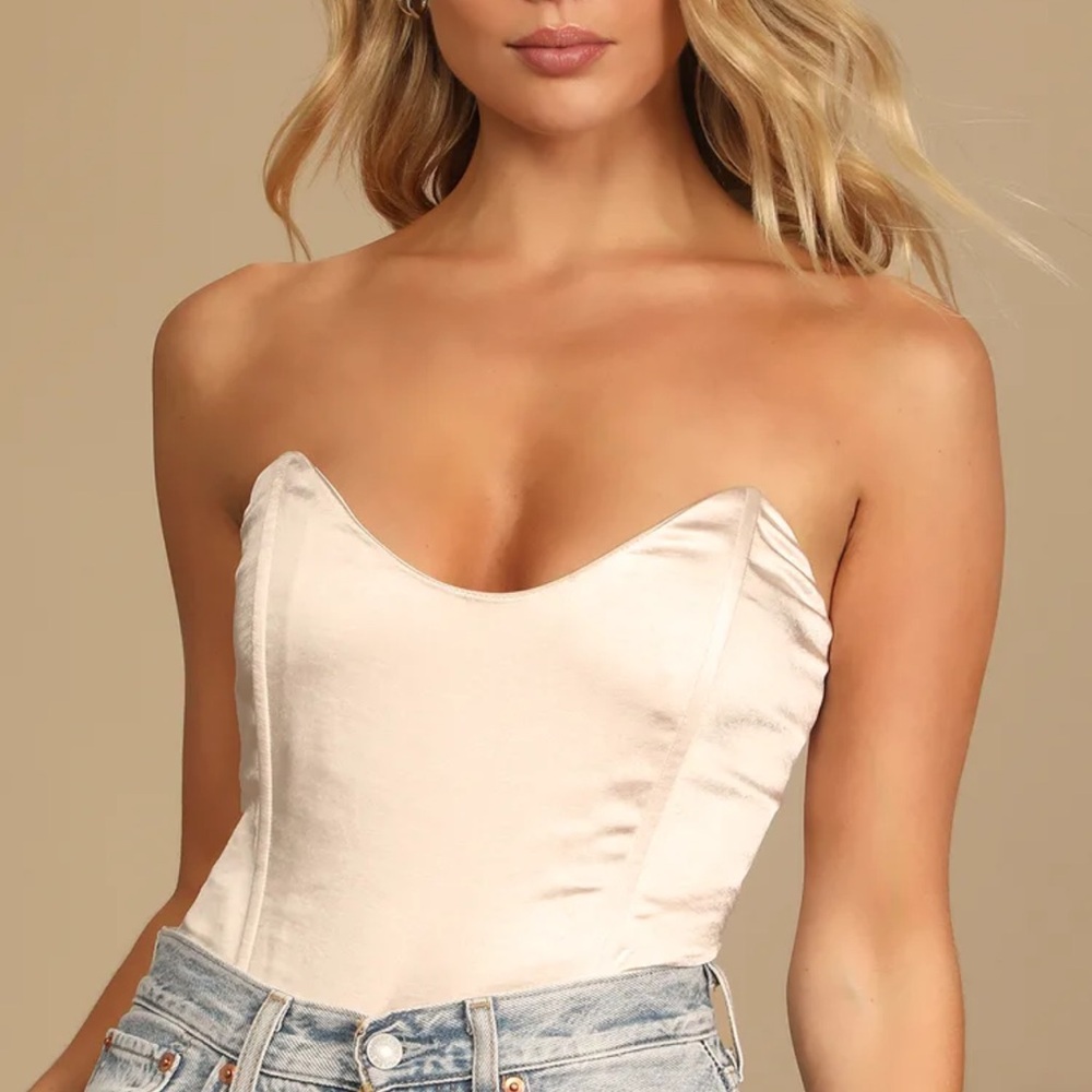 Splendid Sultry Champagne Satin Strapless Bustier Bodysuit size small 🥂